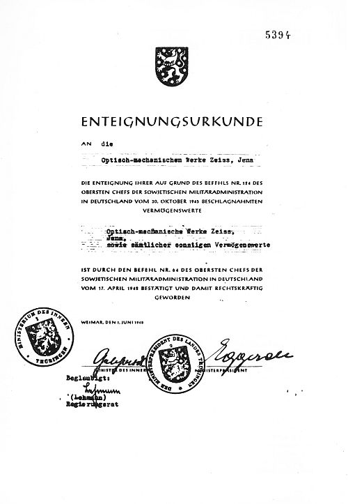 Die Urkunde über die Enteignung der Zeiss-Werke Jena